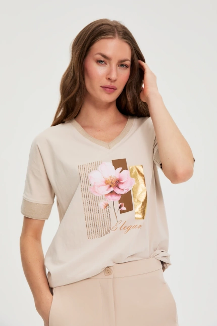 KOSZULKA DAMSKA L-TS-4912 L.BEIGE-pakiet